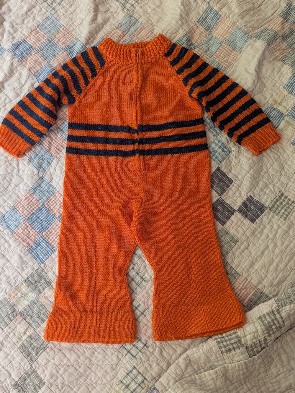 Vintage Orange and Navy Striped Knit Kids One-Piece Bell Bottom